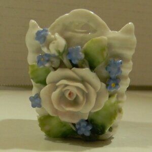 Vintage Mini Porcelain Basket Made In Germany Roses Blue  Flowers